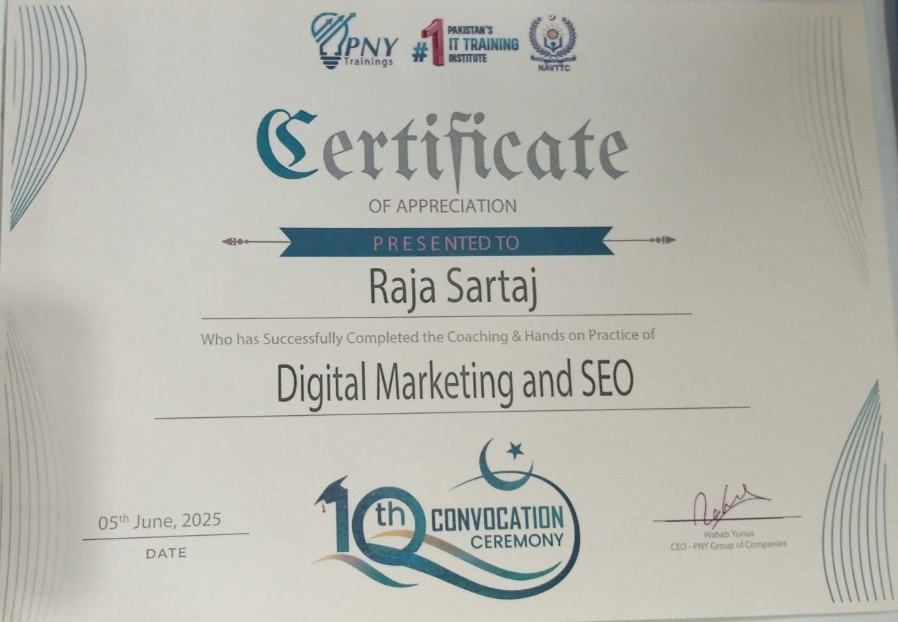 Digital Marketing & SEO — Certificate of Appreciation, PNY Trainings · 10th Convocation Ceremony, June 2025