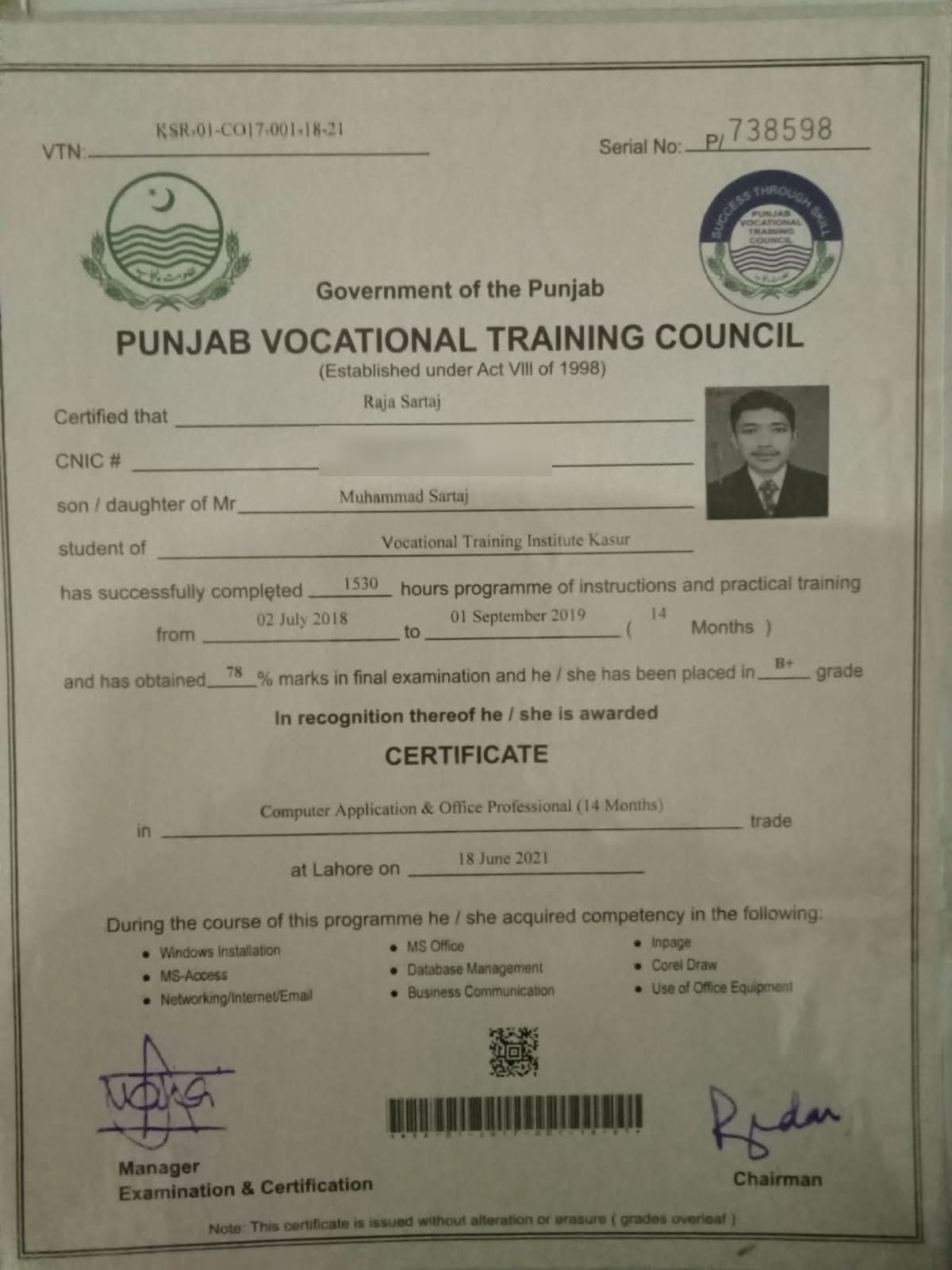 Computer Application & Office Professional (14 Months) — Punjab Vocational Training Council, VTI Kasur · 78% Marks, B+ Grade